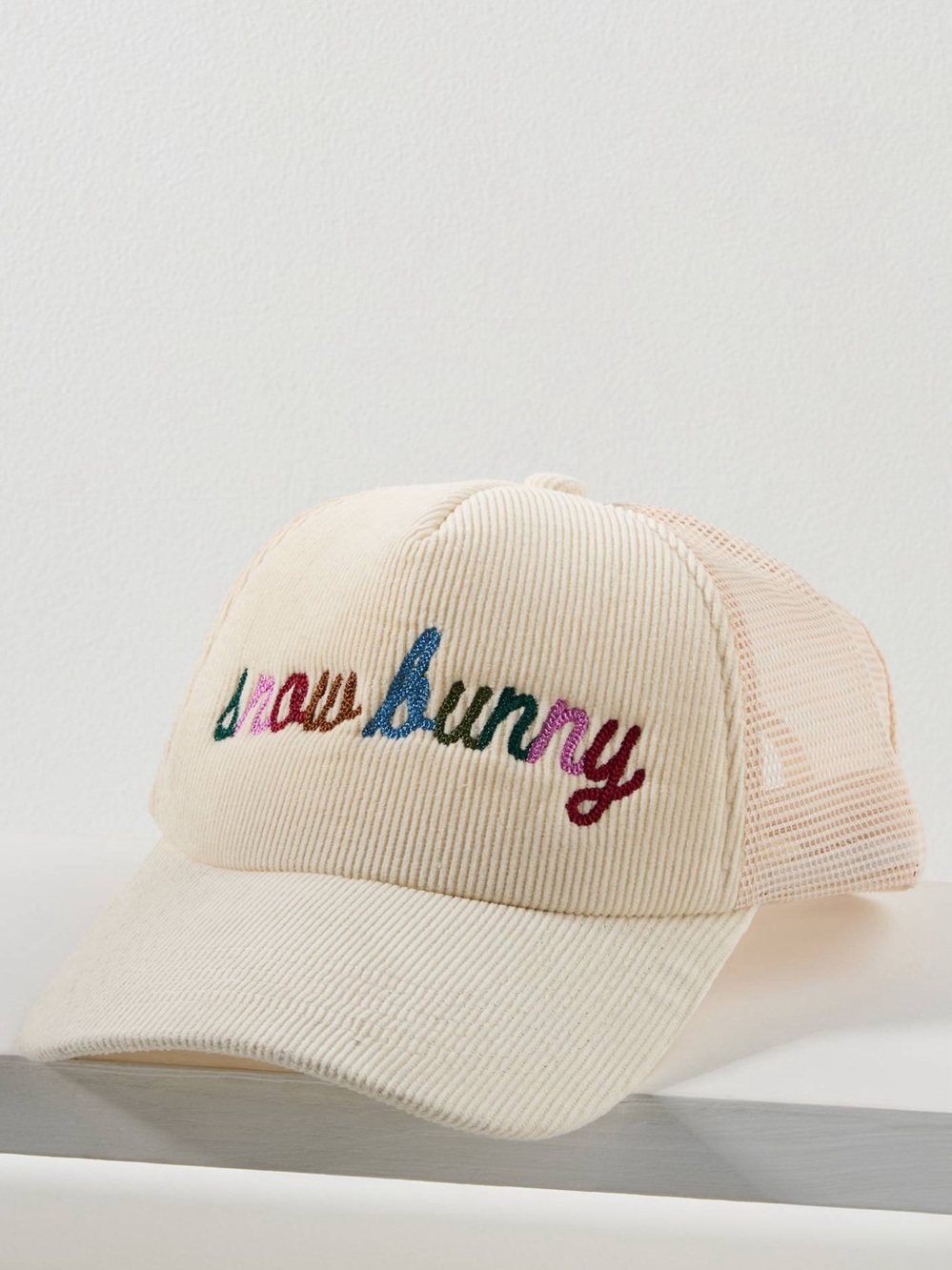 Anthropologie NWOT Worn/West Corduroy 'snow bunny' Embroidered Trucker Hat